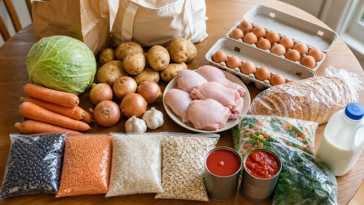 Budget weekly meal prep groceries with chicken, eggs, beans, lentils, rice, potatoes and vegetables