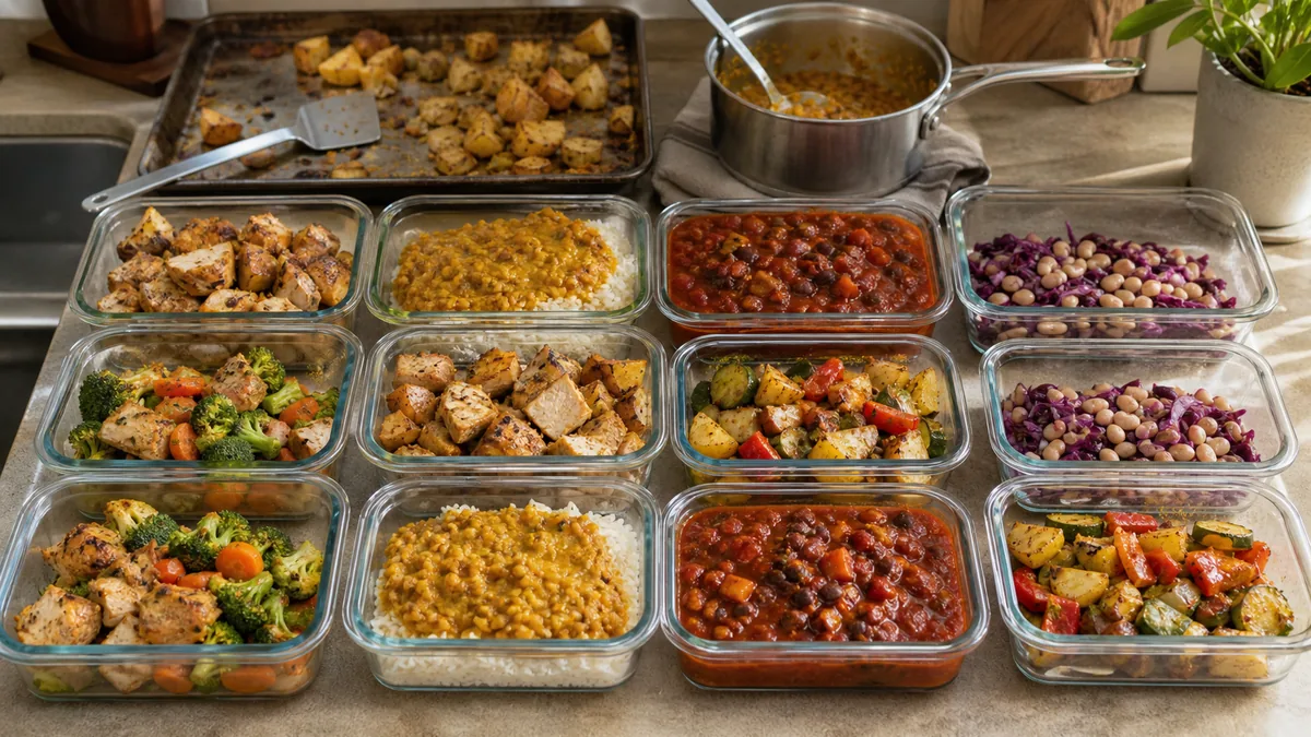 Affordable weekly meal prep portions with chicken, lentils, beans, rice and roasted vegetables