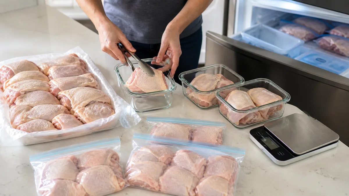 Bulk chicken thighs divided into meal-sized portions for safe freezer storage