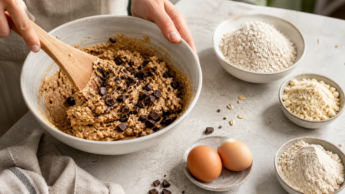 Mixing moist peanut butter protein cookie dough with dark chocolate and oat flour