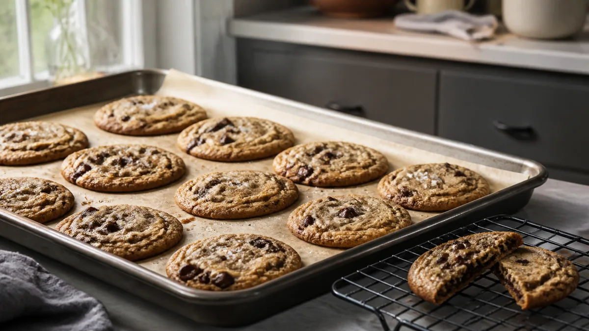 Slightly underbaked chocolate chip protein cookies cooling on a baking tray