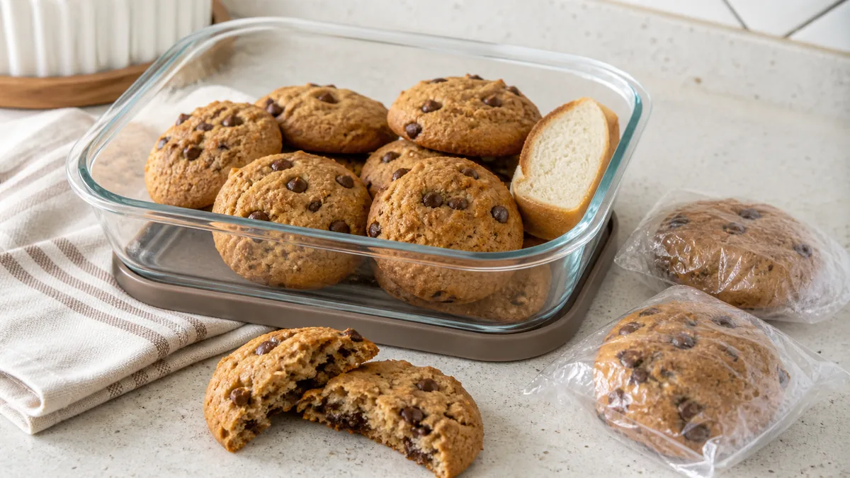Protein cookies kept soft in an airtight container and wrapped for freezing