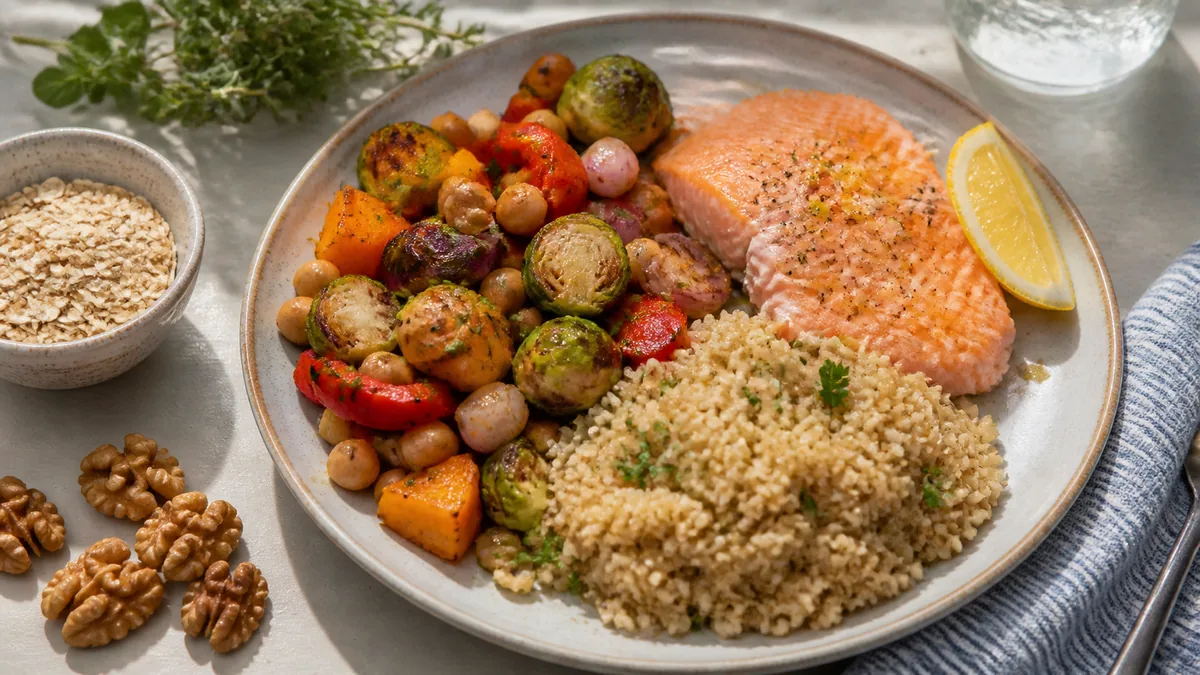 Balanced heart-healthy plate with salmon, roasted vegetables, chickpeas and bulgur