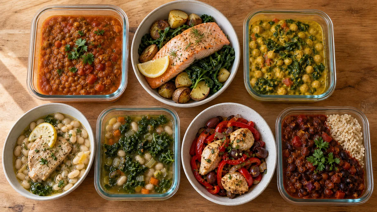 Seven heart-healthy dinners featuring lentils, salmon, chickpeas, beans, chicken and vegetables