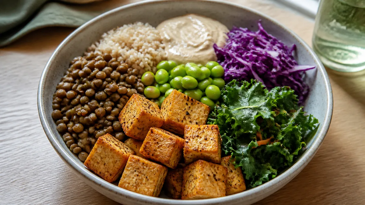 Forty-gram vegan protein bowl with baked tofu, lentils, brown rice, edamame and tahini