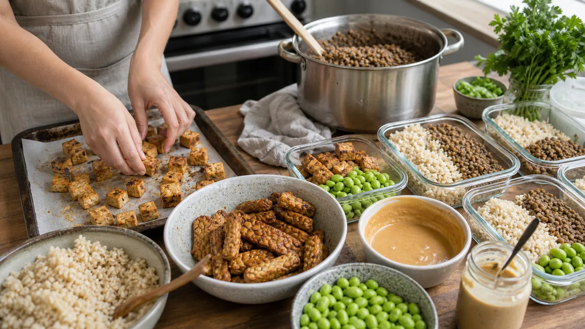 Batch cooking vegan protein with baked tofu, tempeh, lentils, brown rice and edamame